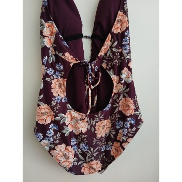 Kona Sol Floral One Piece Swimsuit Plunge Crochet Trim Halter Boho Retro M - Picture 5 of 8